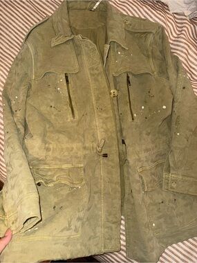 Free People Olive Green Field Jacket with Paint-Splatter Detail